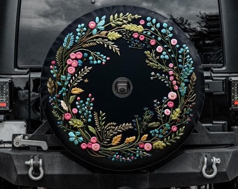Faux Embroidery Wreath Spare Tire Cover, Botanical Tire Cover, Unique Spare Tire Covers Backup Camera Hole, Floral Car accessories women