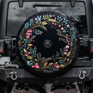Faux Embroidery Wreath Spare Tire Cover, Botanical Tire Cover, Unique Spare Tire Covers Backup Camera Hole, Floral Car accessories women