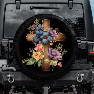 Floral Cross Spare Tire Cover, Faith Spare Tire Cover, Christian Cross Spare tire cover, Christian Spare Tire Cover, Backup Camera hole