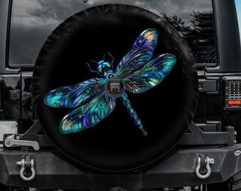 Dragonfly Spare Wheel Cover, Spare Tire Cover, Blue Dragonfly tire cover for a jeep, Backup Camera Tire Cover, Dragonfly car accessories