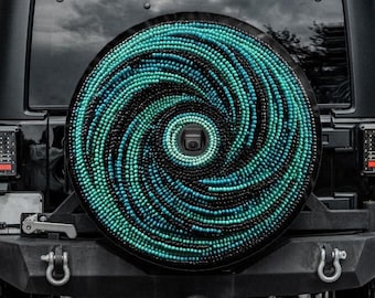 Printed Beadwork Spare Tire Cover, Teal Tire Cover for Jeep for Bronco, Unique Spare Tire Covers Backup Camera Hole, Teal Car accessories
