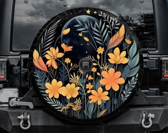 Boho Spare Tire Cover with Moon and Orange Flowers, Moon tire cover for Jeep for Bronco, Backup camera hole, Boho car accessories for women