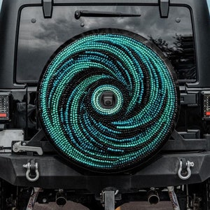 Printed Beadwork Spare Tire Cover, Teal Tire Cover for Jeep for Bronco, Unique Spare Tire Covers Backup Camera Hole, Teal Car accessories