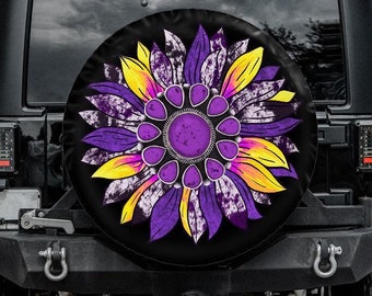 Spare Tire Cover with Purple Sunflower, Sunflower Tire Cover, Purple Cow Print Sunflower Wheel Cover, Turquoise