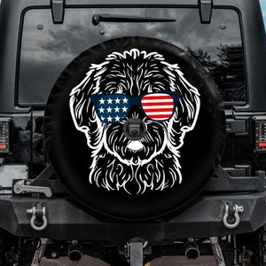 Spare Tire Cover fit for Jeep, Golden Doodle Tire Cover, Car accessories for doodle owner, Dog Spare Tire Cover, Camera hole, American flag