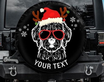 Funda de rueda de repuesto personalizada, funda de rueda con diseño navideño de doodle dorado, accesorios navideños para coche para dueños de doodle, funda de rueda de repuesto para perro, orificio para cámara