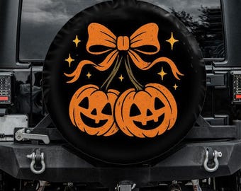 Spare Tire Cover with Orange Halloween pumpkin coquette, Orange Pumpkin Tire Cover, Backup Camera Hole, Halloween car accessories for women