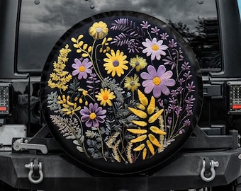 Faux Embroidery Tire Cover, Botanical spare Tire Cover yellow lavender, Unique Spare Tire Cover, Backup Camera Hole, Floral Car accessories