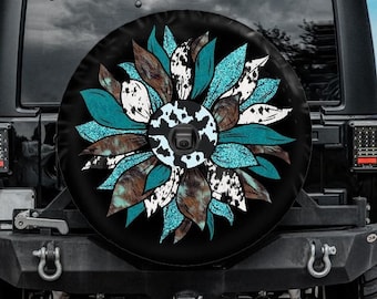 Spare Tire Cover with Turquoise Sunflower, Turquoise Cow Print Sunflower Wheel Cover, Sunflower  Tire Cover,  girl Turquoise