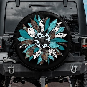 Spare Tire Cover with Turquoise Sunflower, Turquoise Cow Print Sunflower Wheel Cover, Sunflower  Tire Cover,  girl Turquoise