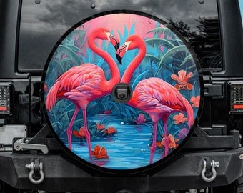 Funda para rueda de repuesto con diseño de flamenco rosa, funda para Jeep con diseño de pareja de flamencos, funda para Bronco, fundas únicas con diseño de corazón de flamenco, funda para caravana