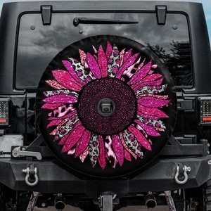 Spare Tire Cover with Hot Pink Sunflower, Hot Pink Cheetah Sunflower Wheel Cover, Sunflower  Tire Cover for Jeep, for Bronco, Hot Pink Car