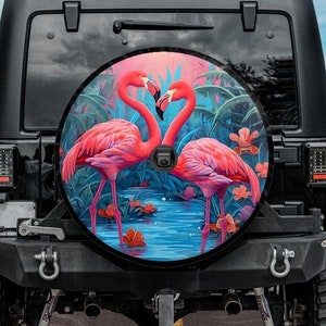 Funda para rueda de repuesto con diseño de flamenco rosa, funda para Jeep con diseño de pareja de flamencos, funda para Bronco, fundas únicas con diseño de corazón de flamenco, funda para caravana