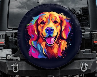 Golden retriever tire cover for Jeep for Bronco, Spare wheel cover with golden retriever design, Rainbow dog spare tire cover