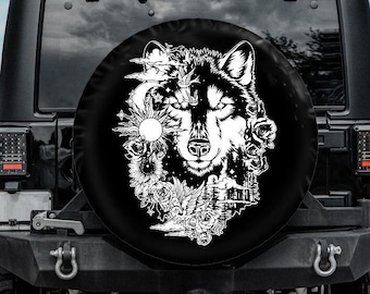 Spare Tire Cover, Boho Wolf Tire Cover, Celestial Wolf Spare Wheel Cover, Boho Spare Tire Cover Wolf Car accessories for women, Backup camer