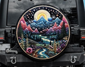 Faux Embroidery Spare Tire Cover, Mountains Tire Cover, Unique Spare Tire Covers Backup Camera Hole, Camping Car accessories for women