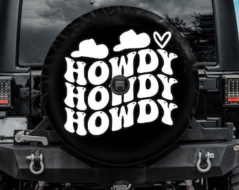 Funda para rueda de repuesto "Howdy", funda vaquera "Howdy", funda vaquera con orificio para cámara de reversa, accesorios para auto para mujer, funda para rueda de repuesto