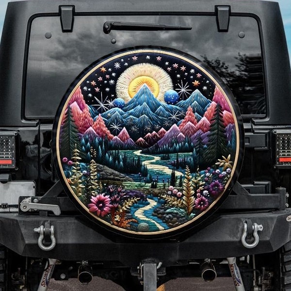 Faux Embroidery Spare Tire Cover, Mountains Tire Cover, Unique Spare Tire Covers Backup Camera Hole, Camping Car accessories for women