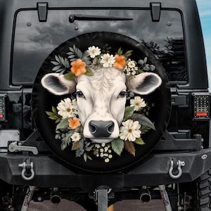 Funda para rueda de repuesto de vaca blanca británica compatible con Jeep, Bronco, Toyota, funda para rueda de repuesto de animal de granja, orificio para cámara de respaldo, funda para rueda de vaca