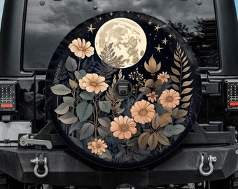 Boho Tire Cover with Moon and Orange Flowers, Moon tire cover for Jeep for Bronco, Backup camera hole, Boho car accessories for women
