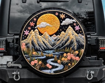 Faux Embroidery Spare Tire Cover, Camping Car accessories for women, Mountains Tire Cover, Unique Spare Tire Covers Backup Camera Hole