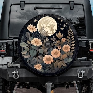 Boho Tire Cover with Moon and Orange Flowers, Moon tire cover for Jeep for Bronco, Backup camera hole, Boho car accessories for women