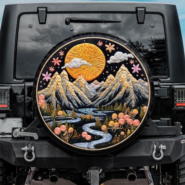 Faux Embroidery Spare Tire Cover, Camping Car accessories for women, Mountains Tire Cover, Unique Spare Tire Covers Backup Camera Hole