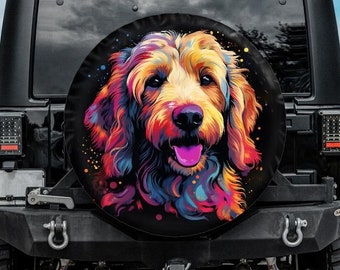Spare Tire Cover fit for Jeep, Golden Doodle Tire Cover, Car accessories for doodle owner, Dog Spare Tire Cover, Camera hole, Rainbow dog