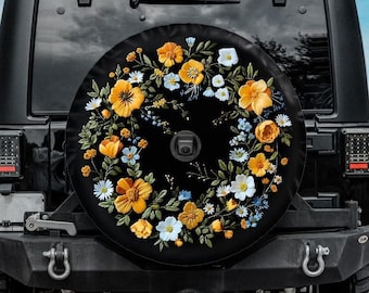 Funda para rueda de repuesto con bordado de imitación y flores de ranúnculo, orificio para cámara de marcha atrás, funda amarilla para rueda, funda bohemia para rueda