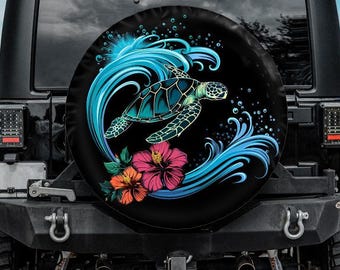 Turtle in the Ocean Tire Cover, Hawaii Ocean Wave Hibiscus Spare Tire Cover, Backup Camera tire cover, Turtle Car accessories, Blue