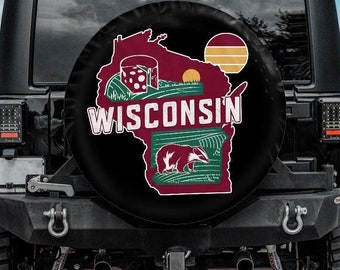 Wisconsin State Outline Spare Tire Cover, Spare Tire Cover for Jeep, Bronco, Backup camera hole, Wisconsin Car accessories for women