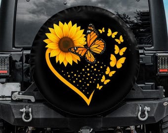 Spare tire cover for Jeep, Bronco, campers with sunflower and butterflies deign in yellow color, backup camera hole option
