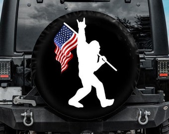 Bigfoot Tire Cover, Bigfoot flag spare tire cover, Bigfoot car accessories, Funny spare tire covers with backup camera hole