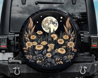 Boho Moon Spare Tire Cover with Moon and Flowers, Moon tire cover for Jeep for Bronco, Backup camera hole, Boho car accessories for women