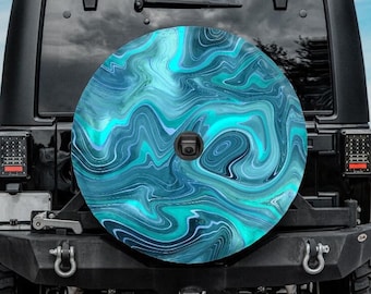 Teal Spare Tire Cover, Blue Marble Tire Cover, Blue Agate Tire Cover with marble pattern, Sea Water tire cover for Jeep, for Bronco, Ocean