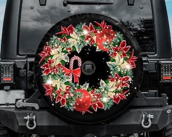 Amaryllis Christmas Wreath Spare Tire Cover, Backup Camera, Xmas Tire Cover, Christmas Car Accessories for jeeps, Rear camera tire cover