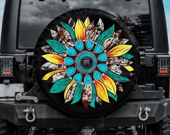 Spare Tire Cover with Turquoise Sunflower, Sunflower  Tire Cover, Turquoise Cow Print Sunflower Wheel Cover,  girl Turquoise
