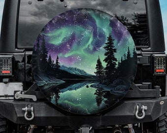 Northern Lights Spare Tire Cover, Aurora Borealis Tire Cover, Unique Spare Tire Covers Backup Camera Hole, Northern Lights Car Accessories