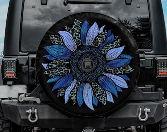 Spare Tire Cover with Blue and Cheetah Sunflower design, Blue Sunflower Wheel Cover, Sunflower  Tire Cover,  girl, Blue