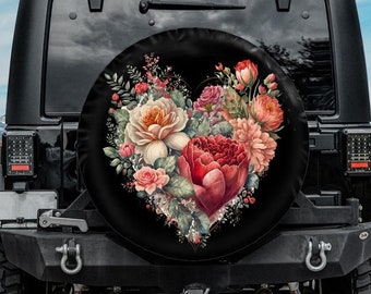 Funda para rueda de repuesto con diseño de corazón floral, funda para rueda de repuesto femenina, funda para rueda de repuesto con orificio para cámara de visión trasera para Jeep, para Bronco, fundas únicas para ruedas de repuesto de vehículos