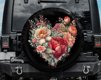 Floral Heart Spare Tire Cover, Girly Tire Cover, Backup hole Camera Spare Wheel Tire for Jeep, for Bronco, Unique spare tire covers vehicle