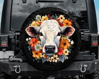 British White Cow Spare Tire Cover compatible with Jeep, Bronco, Toyota, Backup camera hole, cow tire cover, Farm Animal Spare Tire Cover