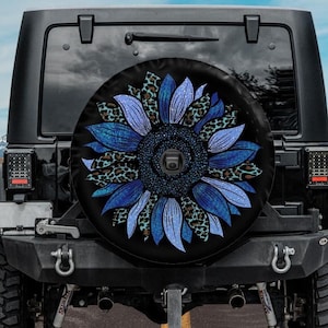 Spare Tire Cover with Blue and Cheetah Sunflower design, Blue Sunflower Wheel Cover, Sunflower  Tire Cover,  girl, Blue