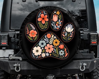 Boho spare tire cover with a paw print: floral design, backup camera hole option.