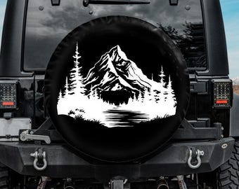 Spare Tire Cover with Mountain Scenery, Nature landscape Spare Tire Cover, Compass Wheel Cover,  Backup camera hole, Adventure car