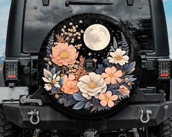 Boho Spare Tire Cover with Moon and Flowers, Moon tire cover for Jeep for Bronco, Backup camera hole, Boho car accessories for women