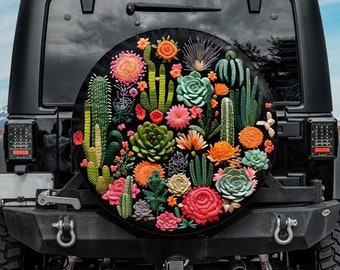 Faux Embroidery Spare Tire Cover, Botanical Tire Cover with Cactus and Succulent, Unique Spare Tire Covers Backup Camera Hole, Floral car