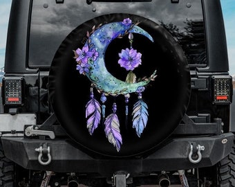 Funda para rueda de repuesto con diseño de atrapasueños bohemio, funda para rueda de atrapasueños morada con orificio para cámara de respaldo, funda para rueda de autocaravana de atrapasueños, funda para coche bohemia
