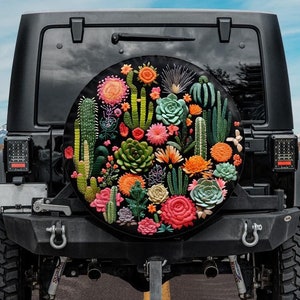 Faux Embroidery Spare Tire Cover, Botanical Tire Cover with Cactus and Succulent, Unique Spare Tire Covers Backup Camera Hole, Floral car