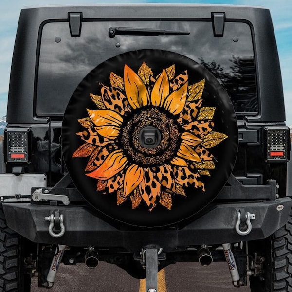 Spare Tire Cover with Golden Cheetah Sunflower design, Cheetah Sunflower Wheel Cover with backup camera hole, Sunflower Camper Tire Cover